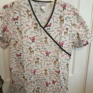 Rudolph Red Nosed Reindeer Scrub Top V Neck Front Pockets Christmas Size Small